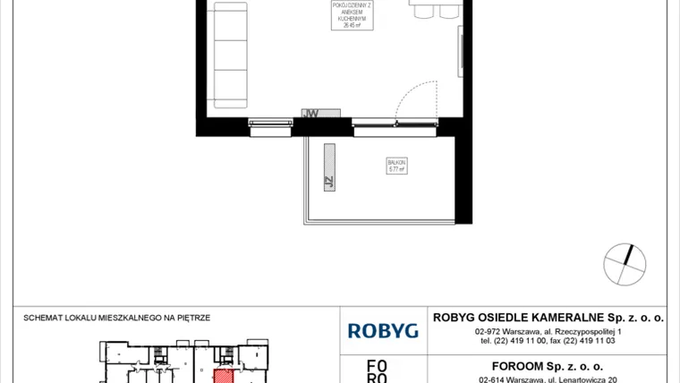 Rzut - Mieszkanie na sprzedaż 1 pokój o powierzchni 30,74 m² - numer OK3/D/3/3 w Osiedle Kameralne III i V