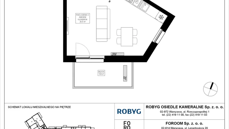 Rzut - Mieszkanie na sprzedaż 1 pokój o powierzchni 34,52 m² - numer OK5/E/3/3 w Osiedle Kameralne III i V