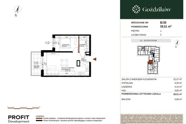 Rzut - Mieszkanie na sprzedaż 2 pokoje o powierzchni 39,51 m² - numer GO1/B/2/38 w Goździków