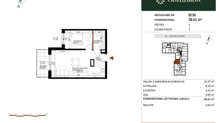 Rzut - Mieszkanie na sprzedaż 2 pokoje o powierzchni 39,51 m² - numer GO1/B/2/38 w Goździków