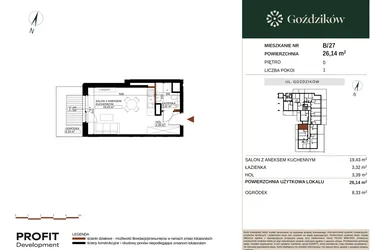 Rzut - Mieszkanie na sprzedaż 1 pokój o powierzchni 26,14 m² - numer GO1/B/1/27 w Goździków