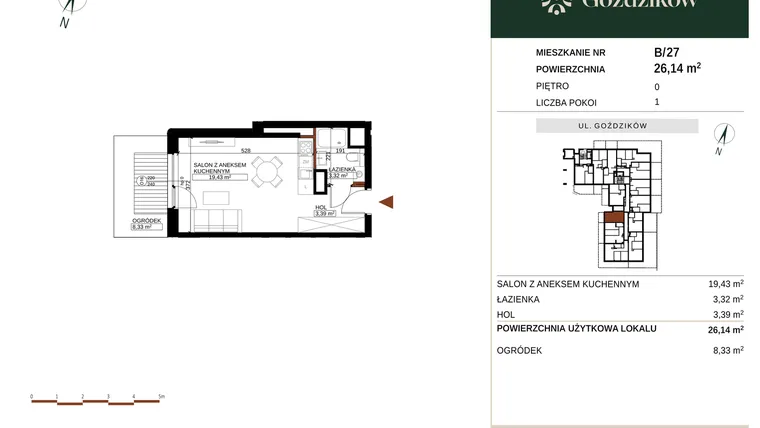 Rzut - Mieszkanie na sprzedaż 1 pokój o powierzchni 26,14 m² - numer GO1/B/1/27 w Goździków