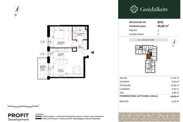 Rzut - Mieszkanie na sprzedaż 2 pokoje o powierzchni 45,68 m² - numer GO1/B/4/61 w Goździków