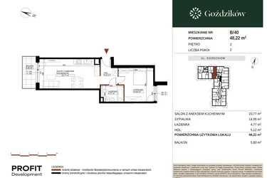 Rzut - Mieszkanie na sprzedaż 2 pokoje o powierzchni 48,22 m² - numer GO1/B/3/40 w Goździków