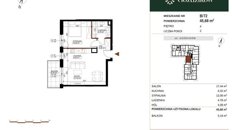 Rzut - Mieszkanie na sprzedaż 2 pokoje o powierzchni 45,68 m² - numer GO1/B/5/72 w Goździków