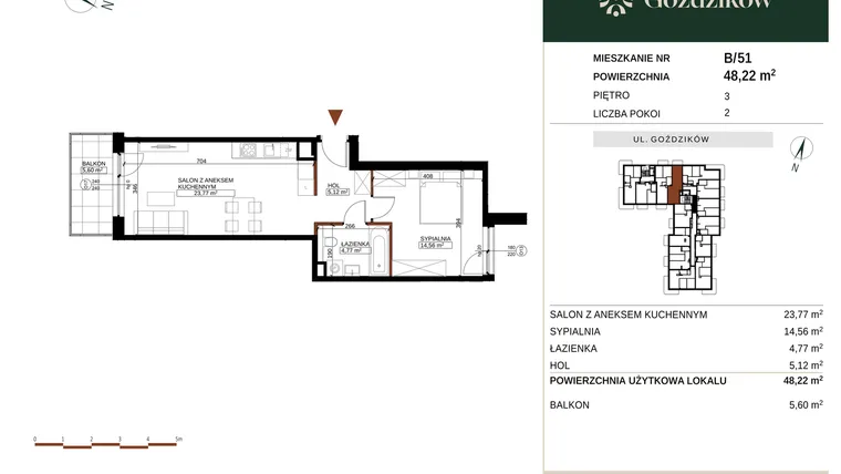 Rzut - Mieszkanie na sprzedaż 2 pokoje o powierzchni 48,22 m² - numer GO1/B/4/51 w Goździków