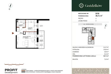 Rzut - Mieszkanie na sprzedaż 2 pokoje o powierzchni 38,71 m² - numer GO1/B/4/56 w Goździków