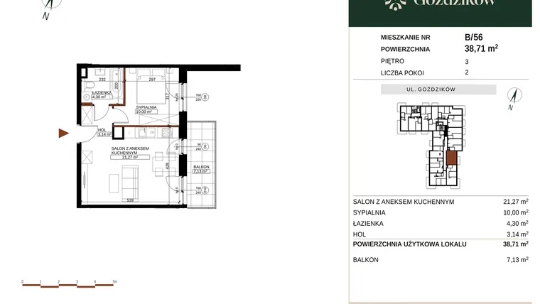 Rzut - Mieszkanie na sprzedaż 2 pokoje o powierzchni 38,71 m² - numer GO1/B/4/56 w Goździków