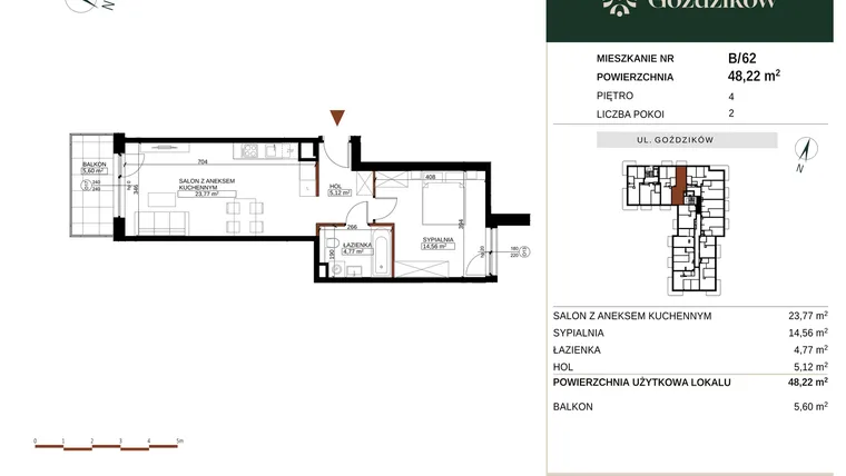 Rzut - Mieszkanie na sprzedaż 2 pokoje o powierzchni 48,22 m² - numer GO1/B/5/62 w Goździków