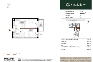 Rzut - Mieszkanie na sprzedaż 2 pokoje o powierzchni 44,93 m² - numer GO1/B/2/32 w Goździków