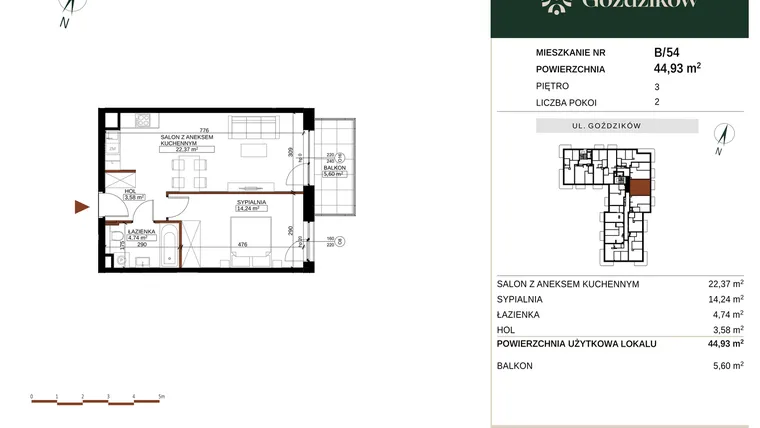 Rzut - Mieszkanie na sprzedaż 2 pokoje o powierzchni 44,93 m² - numer GO1/B/4/54 w Goździków