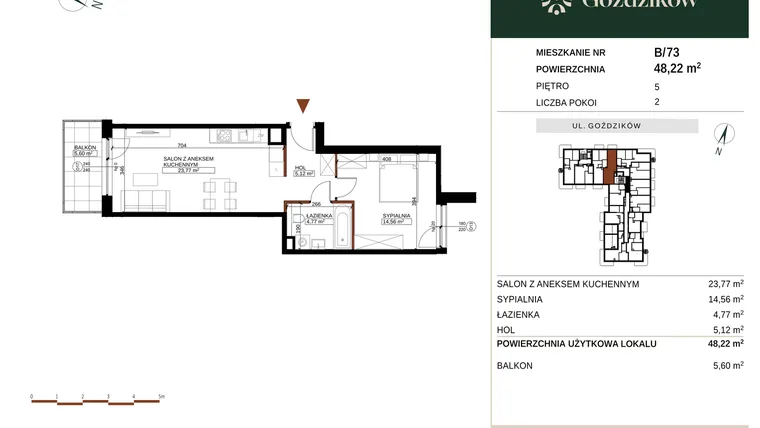 Rzut - Mieszkanie na sprzedaż 2 pokoje o powierzchni 48,22 m² - numer GO1/B/6/73 w Goździków