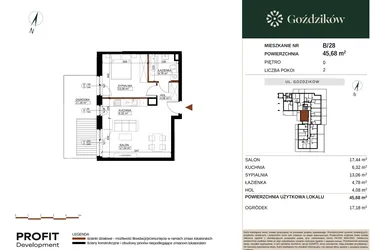 Rzut - Mieszkanie na sprzedaż 2 pokoje o powierzchni 45,68 m² - numer GO1/B/1/28 w Goździków