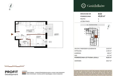 Rzut - Mieszkanie na sprzedaż 2 pokoje o powierzchni 45,83 m² - numer GO1/B/1/22 w Goździków