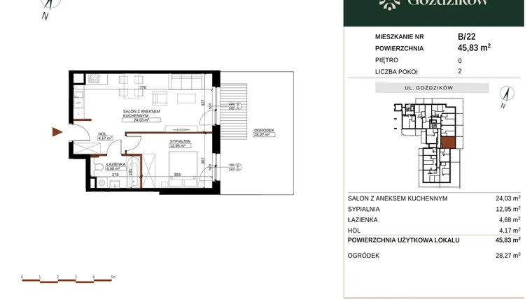 Rzut - Mieszkanie na sprzedaż 2 pokoje o powierzchni 45,83 m² - numer GO1/B/1/22 w Goździków
