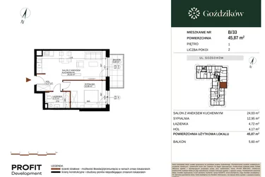 Rzut - Mieszkanie na sprzedaż 2 pokoje o powierzchni 45,87 m² - numer GO1/B/2/33 w Goździków