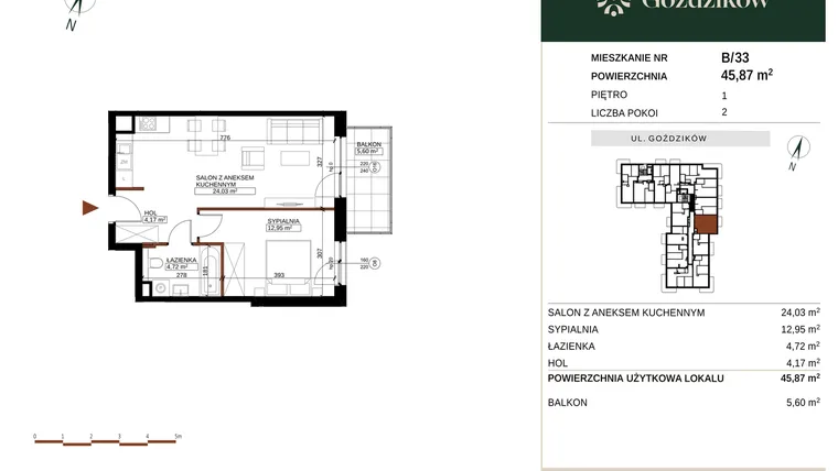 Rzut - Mieszkanie na sprzedaż 2 pokoje o powierzchni 45,87 m² - numer GO1/B/2/33 w Goździków