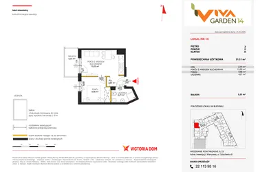 Rzut - Mieszkanie na sprzedaż 2 pokoje o powierzchni 31,51 m² - numer 16 w Viva Garden 14