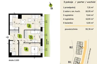 Rzut - Mieszkanie na sprzedaż 3 pokoje o powierzchni 55,78 m² - numer B1-02 w Verte Warszewo