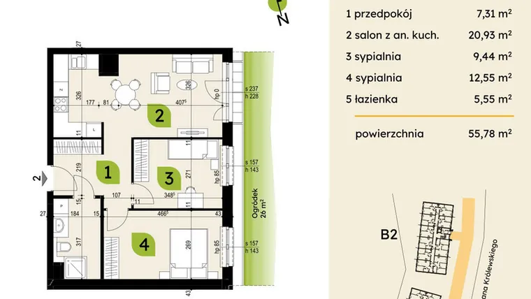 Rzut - Mieszkanie na sprzedaż 3 pokoje o powierzchni 55,78 m² - numer B1-02 w Verte Warszewo