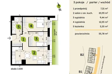 Rzut - Mieszkanie na sprzedaż 3 pokoje o powierzchni 55,78 m² - numer B1-01 w Verte Warszewo