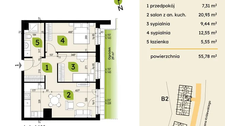 Rzut - Mieszkanie na sprzedaż 3 pokoje o powierzchni 55,78 m² - numer B1-01 w Verte Warszewo