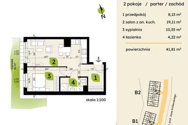 Rzut - Mieszkanie na sprzedaż 2 pokoje o powierzchni 41,81 m² - numer B1-03 w Verte Warszewo
