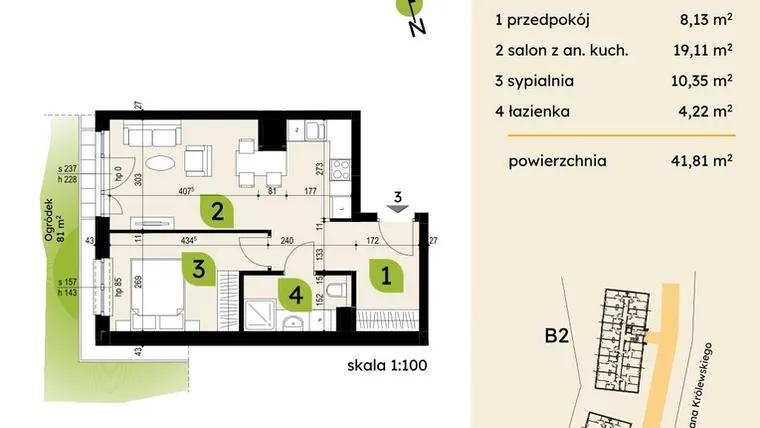 Rzut - Mieszkanie na sprzedaż 2 pokoje o powierzchni 41,81 m² - numer B1-03 w Verte Warszewo
