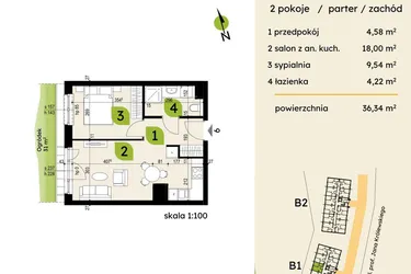 Rzut - Mieszkanie na sprzedaż 2 pokoje o powierzchni 36,34 m² - numer B1-06 w Verte Warszewo