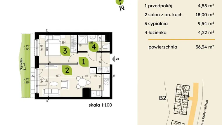 Rzut - Mieszkanie na sprzedaż 2 pokoje o powierzchni 36,34 m² - numer B1-06 w Verte Warszewo