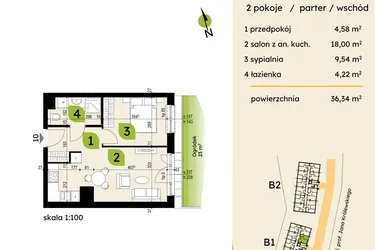 Rzut - Mieszkanie na sprzedaż 2 pokoje o powierzchni 36,34 m² - numer B1-10 w Verte Warszewo