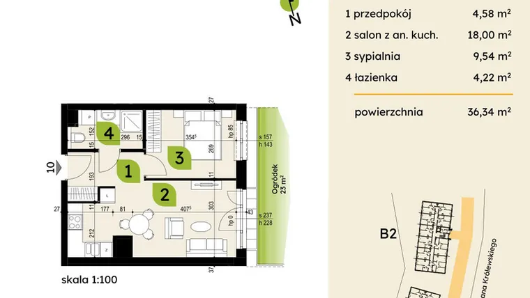 Rzut - Mieszkanie na sprzedaż 2 pokoje o powierzchni 36,34 m² - numer B1-10 w Verte Warszewo