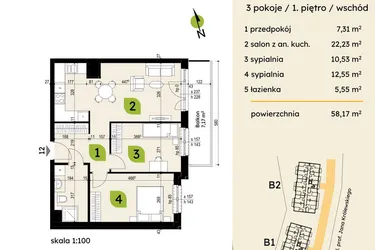 Rzut - Mieszkanie na sprzedaż 3 pokoje o powierzchni 58,17 m² - numer B1-12 w Verte Warszewo