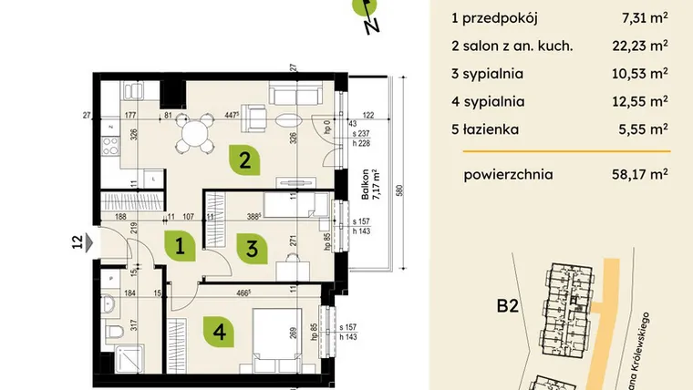 Rzut - Mieszkanie na sprzedaż 3 pokoje o powierzchni 58,17 m² - numer B1-12 w Verte Warszewo