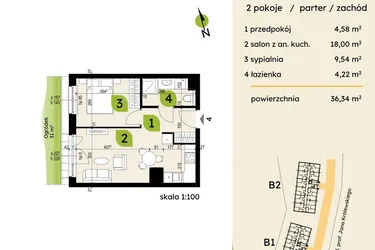 Rzut - Mieszkanie na sprzedaż 2 pokoje o powierzchni 36,34 m² - numer B1-04 w Verte Warszewo
