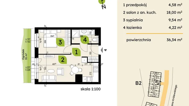 Rzut - Mieszkanie na sprzedaż 2 pokoje o powierzchni 36,34 m² - numer B1-04 w Verte Warszewo