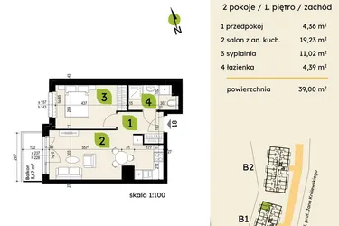 Rzut - Mieszkanie na sprzedaż 2 pokoje o powierzchni 39 m² - numer B1-18 w Verte Warszewo