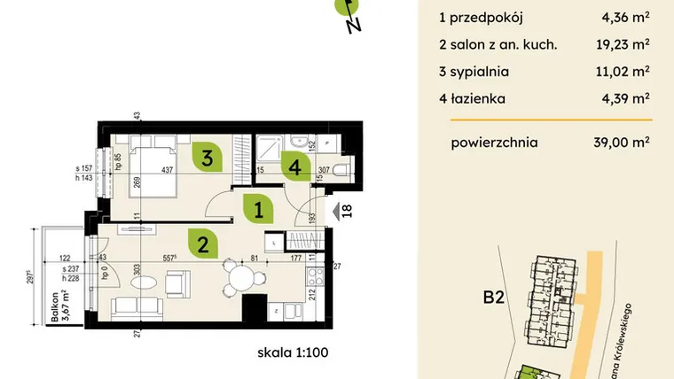 Rzut - Mieszkanie na sprzedaż 2 pokoje o powierzchni 39 m² - numer B1-18 w Verte Warszewo
