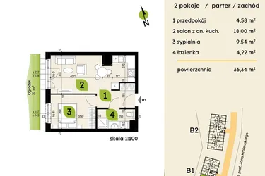 Rzut - Mieszkanie na sprzedaż 2 pokoje o powierzchni 36,34 m² - numer B1-05 w Verte Warszewo