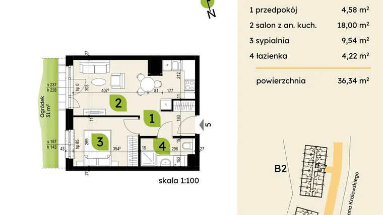 Rzut - Mieszkanie na sprzedaż 2 pokoje o powierzchni 36,34 m² - numer B1-05 w Verte Warszewo