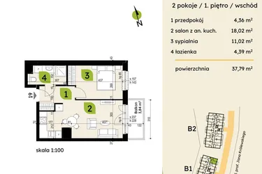 Rzut - Mieszkanie na sprzedaż 2 pokoje o powierzchni 37,79 m² - numer B1-19 w Verte Warszewo