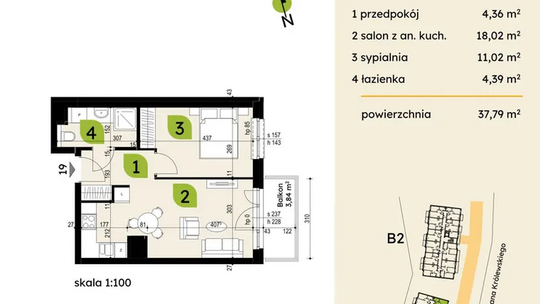 Rzut - Mieszkanie na sprzedaż 2 pokoje o powierzchni 37,79 m² - numer B1-19 w Verte Warszewo