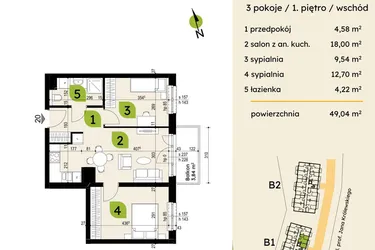 Rzut - Mieszkanie na sprzedaż 2 pokoje o powierzchni 49,04 m² - numer B1-20 w Verte Warszewo