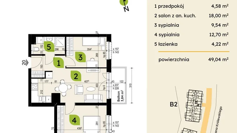 Rzut - Mieszkanie na sprzedaż 2 pokoje o powierzchni 49,04 m² - numer B1-20 w Verte Warszewo