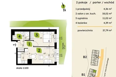 Rzut - Mieszkanie na sprzedaż 2 pokoje o powierzchni 37,79 m² - numer B1-09 w Verte Warszewo