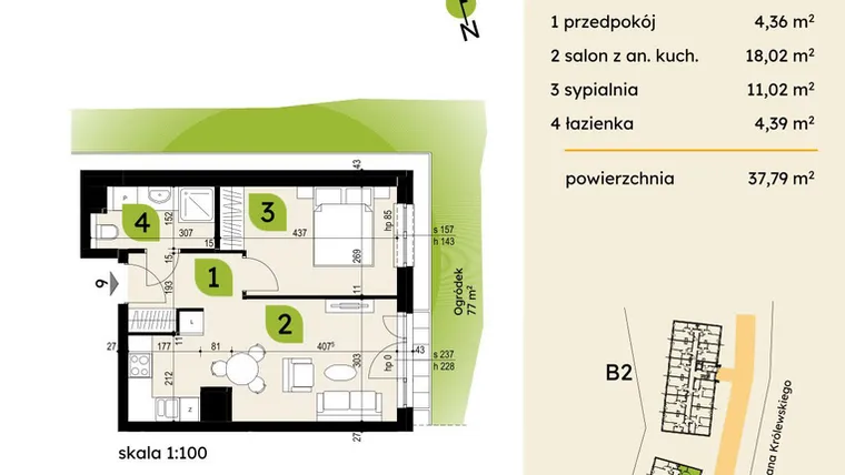 Rzut - Mieszkanie na sprzedaż 2 pokoje o powierzchni 37,79 m² - numer B1-09 w Verte Warszewo
