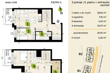 Rzut - Mieszkanie na sprzedaż 4 pokoje o powierzchni 65,91 m² - numer B1-23 w Verte Warszewo