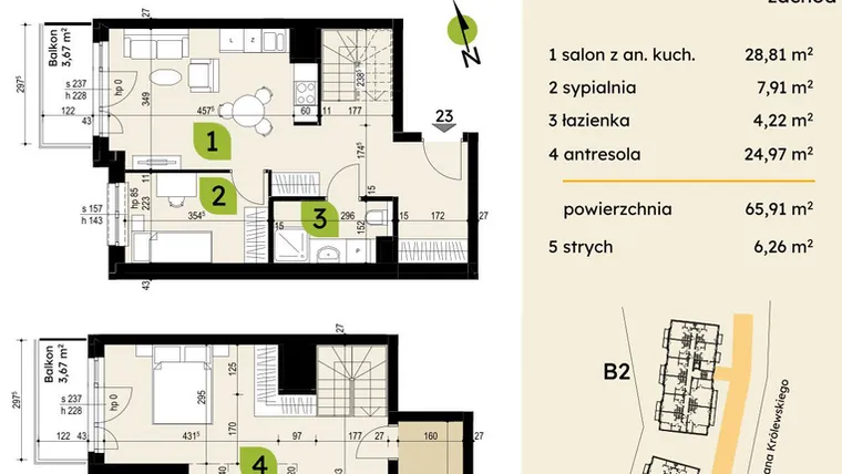 Rzut - Mieszkanie na sprzedaż 4 pokoje o powierzchni 65,91 m² - numer B1-23 w Verte Warszewo