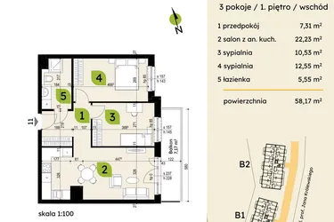 Rzut - Mieszkanie na sprzedaż 3 pokoje o powierzchni 58,17 m² - numer B1-11 w Verte Warszewo