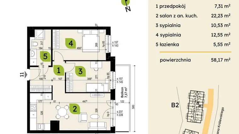Rzut - Mieszkanie na sprzedaż 3 pokoje o powierzchni 58,17 m² - numer B1-11 w Verte Warszewo